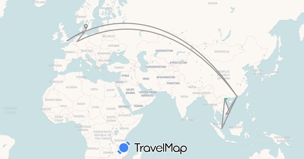 TravelMap itinerary: driving, bus, plane, boat in Germany, Denmark, United Kingdom, Hong Kong, Singapore, Vietnam (Asia, Europe)